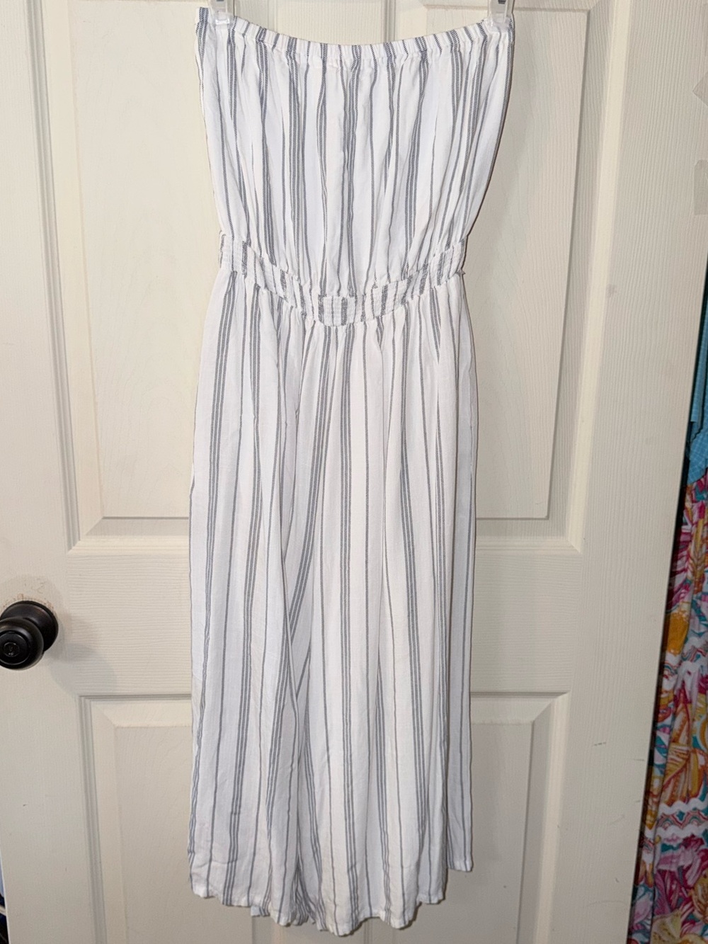 Hem & Thread White Strapless Jumpsuit with Gray Pinstripes
